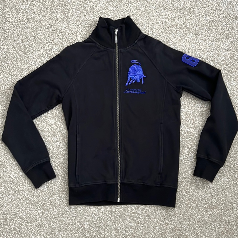 Automobili Lamborghini Black Track Jacket Blue Taurus Bull Zip Sweatshirt